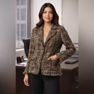 Vintage Carlucci Tweed Blazer Brown Blue Plaid Fringe Trim Women’s Size 14